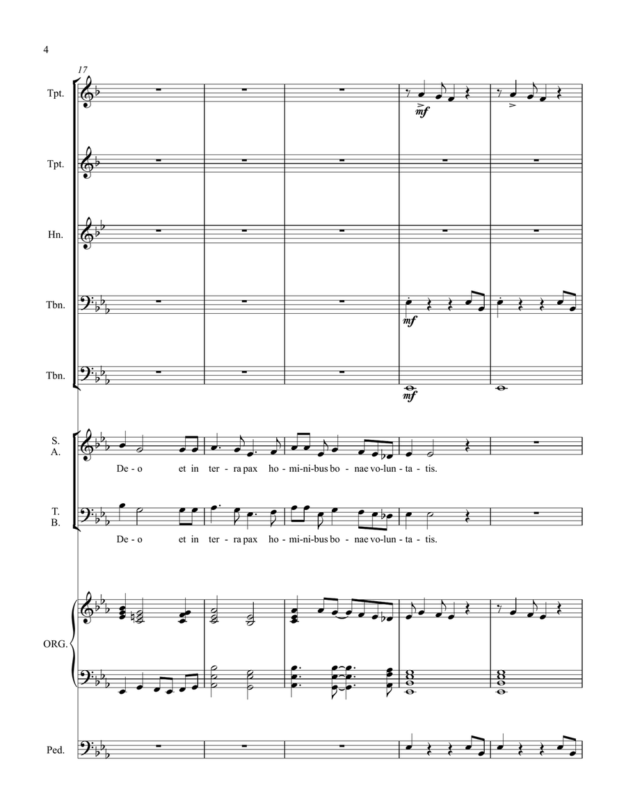 Gloria - full score for Latin text setting for SATB choir, organ, and brass quintet 4-Part scores gallery preview page 4