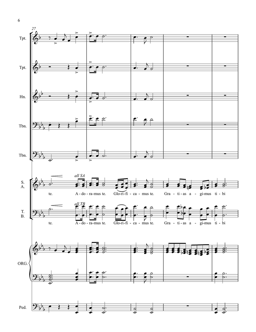 Gloria - full score for Latin text setting for SATB choir, organ, and brass quintet 4-Part scores gallery preview page 6