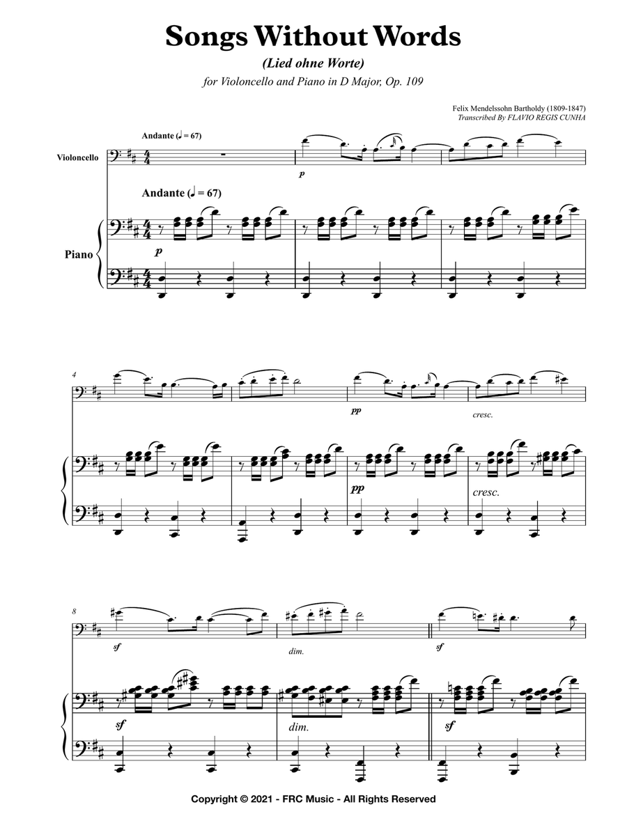 Songs Without Words for Violoncello and Piano in D Major, Op. 109 (As played by YO YO MA and Kathryn Piano scores gallery preview page 3