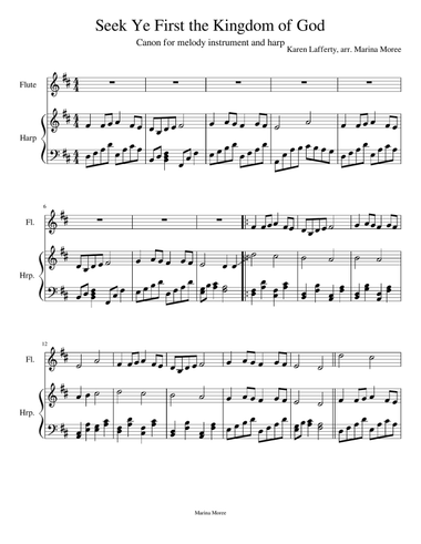 Seek Ye First the Kingdom of God, intermediate harp arrangement: solo or duet with melody instrument