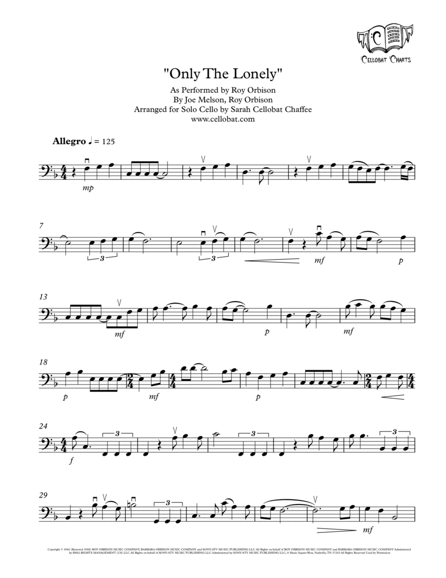 Only The Lonely (know The Way I Feel) Cello Solo scores gallery preview page 1