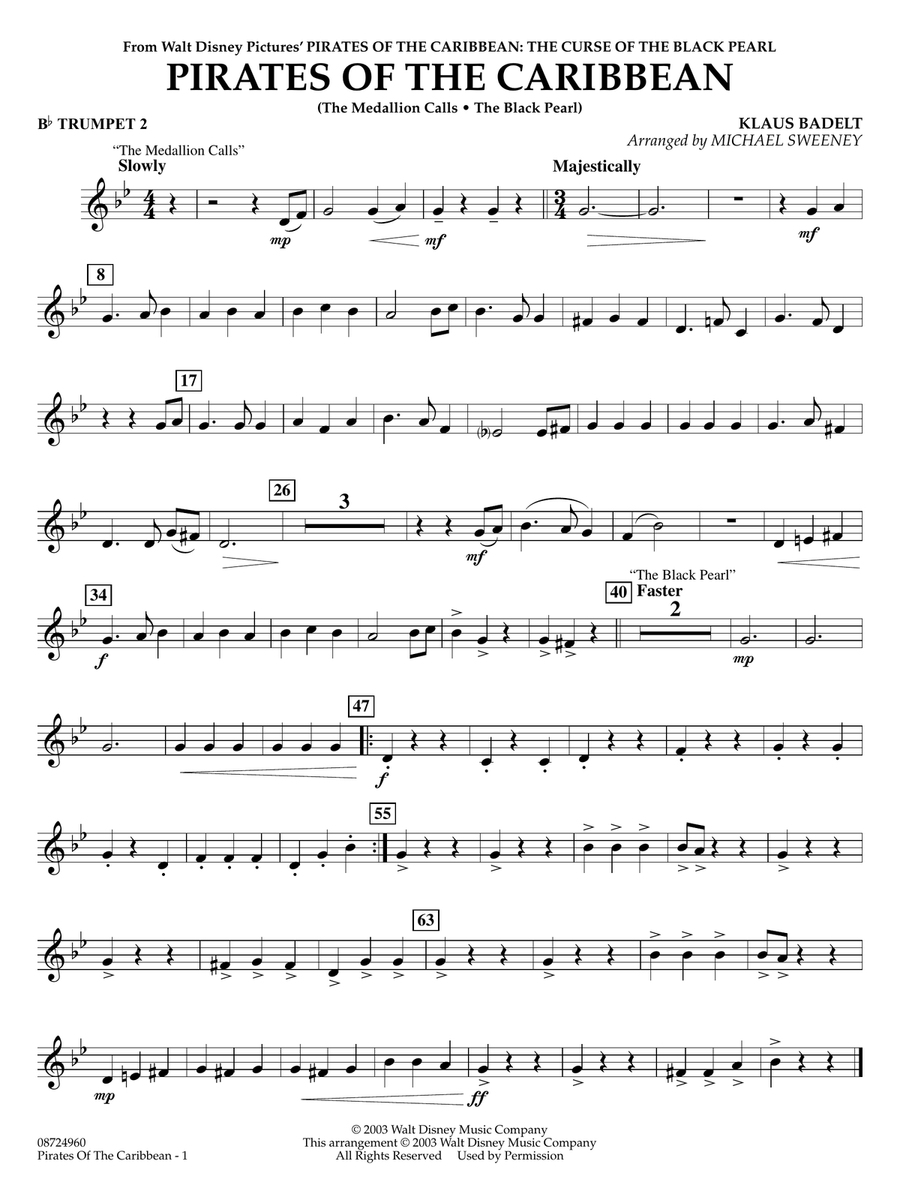 Pirates of the Caribbean (arr. Michael Sweeney) - Bb Trumpet 2 Concert Band scores gallery preview page 1