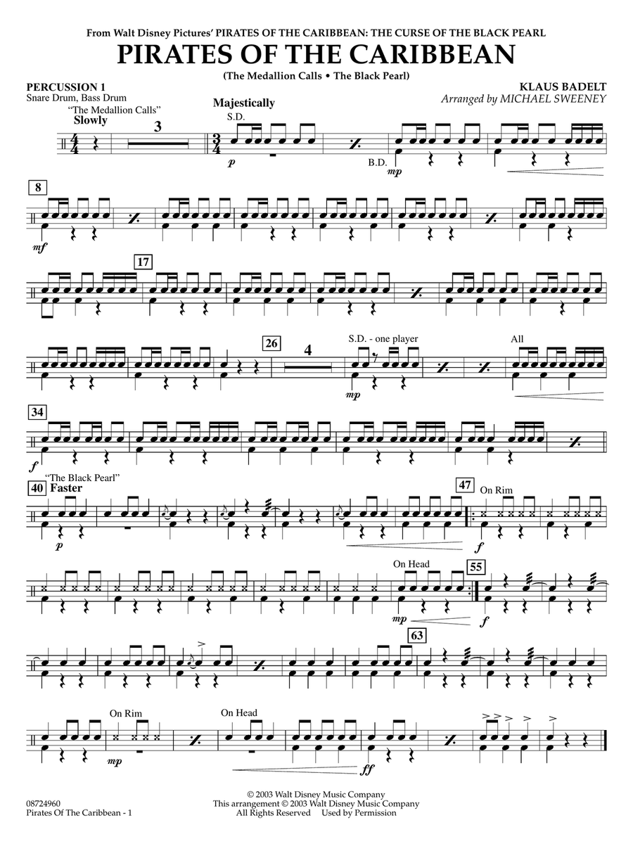 Pirates of the Caribbean (arr. Michael Sweeney) - Percussion 1 Concert Band scores gallery preview page 1