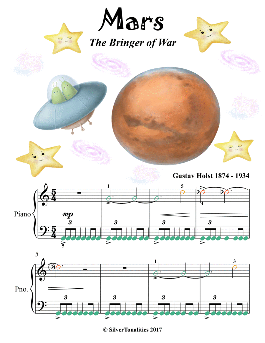 Mars the Bringer of War Easy Piano Sheet Music with Colored Notes Easy Piano scores gallery preview page 1