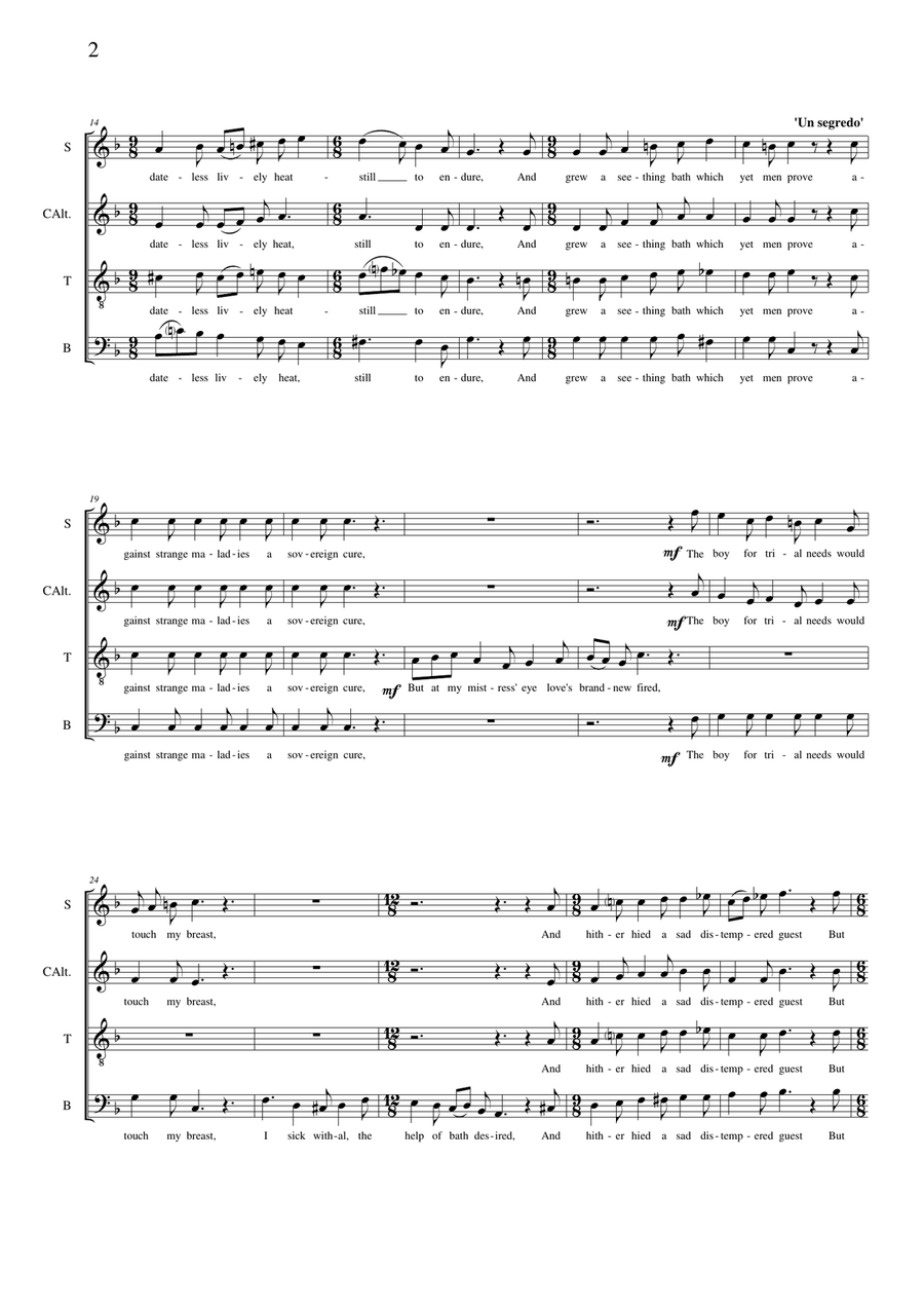 Shakespeare Sonnet No. CLIII - 'Cupid laid by his brand and fell asleep' Composed by Graham Dickson- 4-Part scores gallery preview page 2