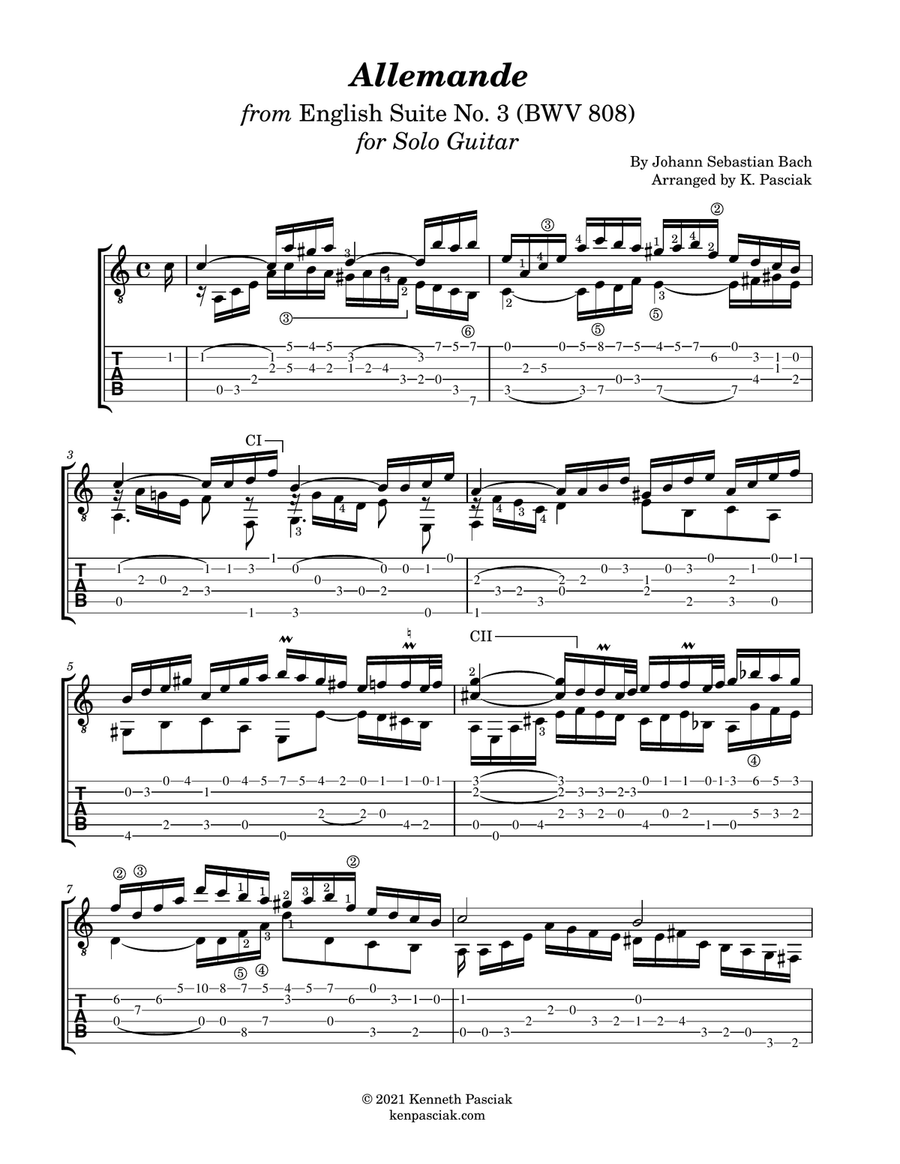 Allemande from English Suite No. 3 (BWV 808) (for Solo Guitar) Chamber Music scores gallery preview page 2