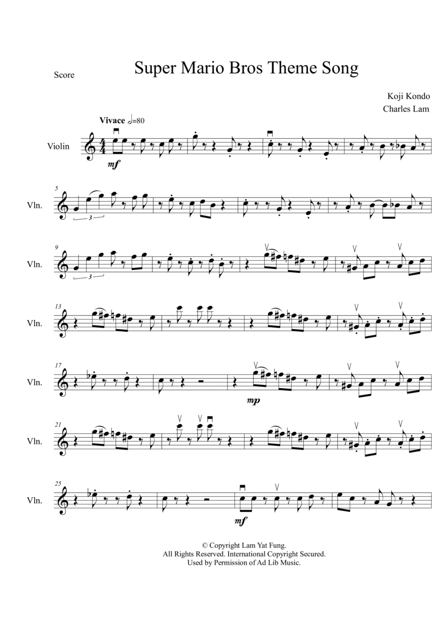 Super Mario Bros. Main Theme Violin Solo scores gallery preview page 1
