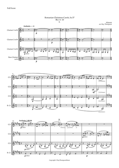 Bartók: Romanian Christmas Carols, Sz.57 Book 1 ( Nos. 6 to 10) original key - clarinet quartet