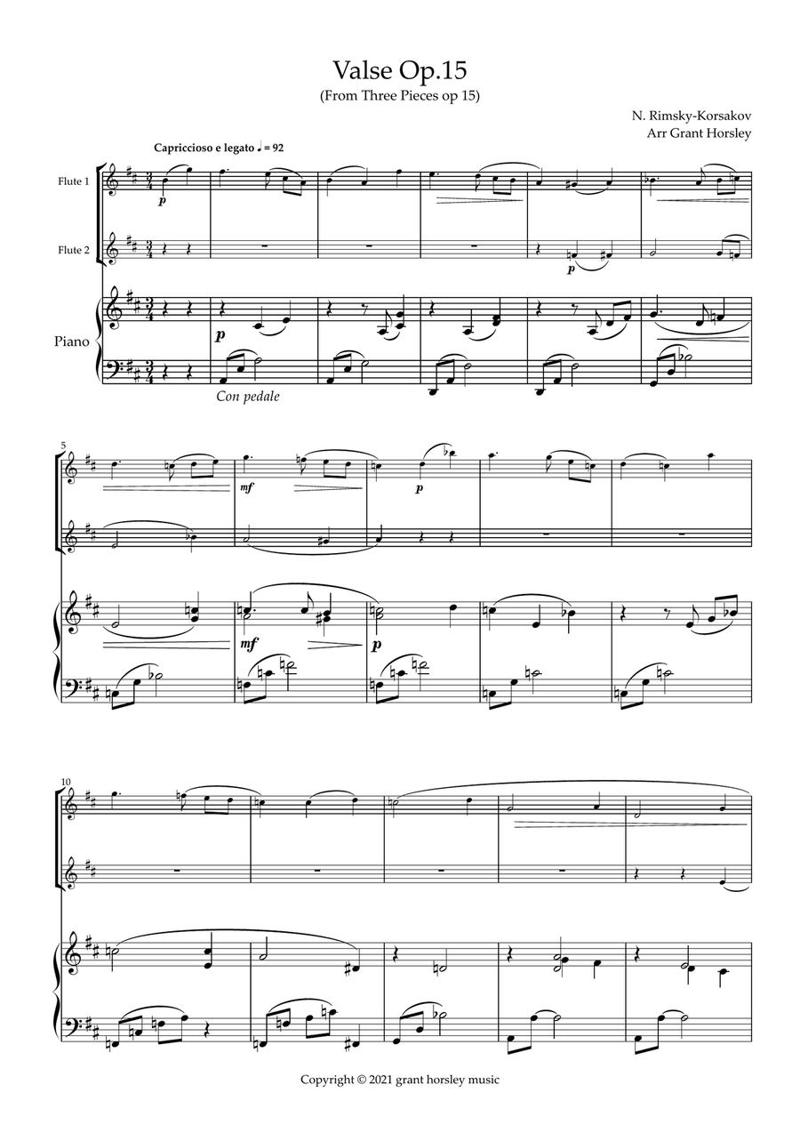 Valse Op.15 Rimsky- Korsakov- for Flute Duet and Piano. Intermediate Flute Duet scores gallery preview page 2