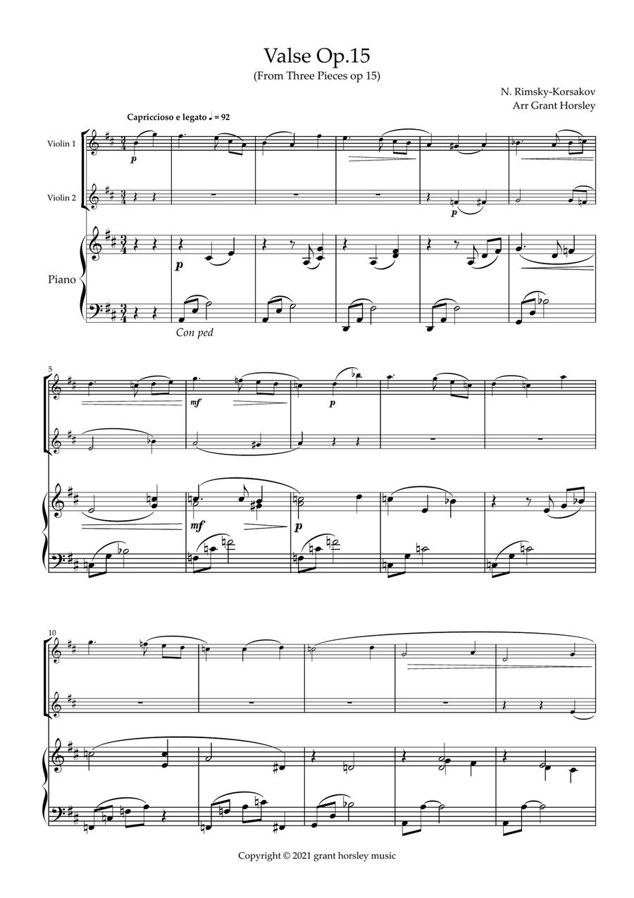 Valse Op.15 Rimsky- Korsakov- for Violin Duet and Piano. Intermediate String Duet scores gallery preview page 2