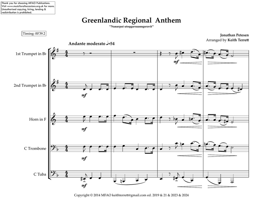 Greenlandic Regional Anthem for Brass Quintet (MFAO World National Anthem Series) Brass Quintet scores gallery preview page 2