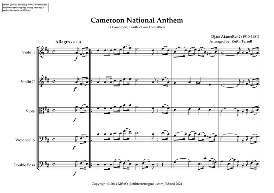 Cameroon National Anthem for String Orchestra (MFAO World National Anthem Series) String Orchestra scores gallery preview page 2
