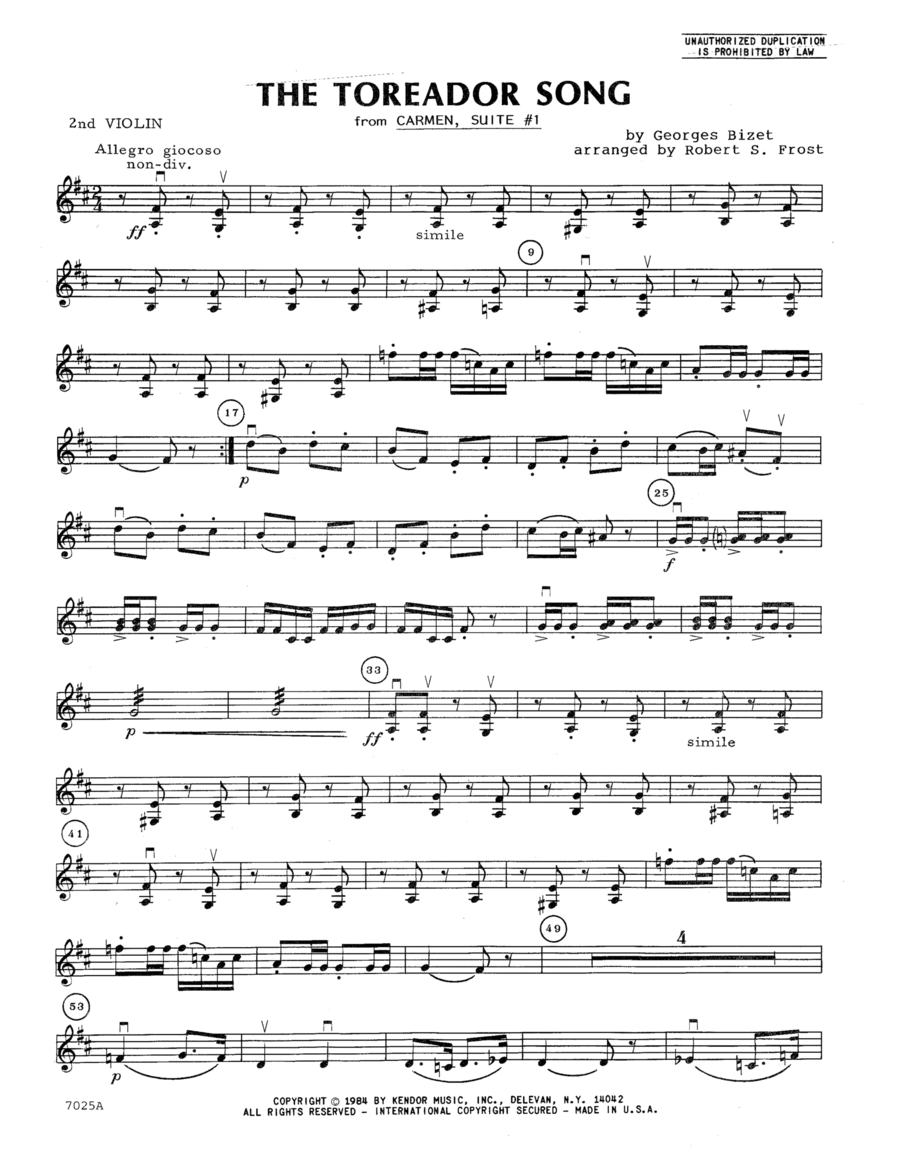 The Toreador Song (from Carmen, Suite #1) (arr. Robert S. Frost) - 2nd Violin String Orchestra scores gallery preview page 1