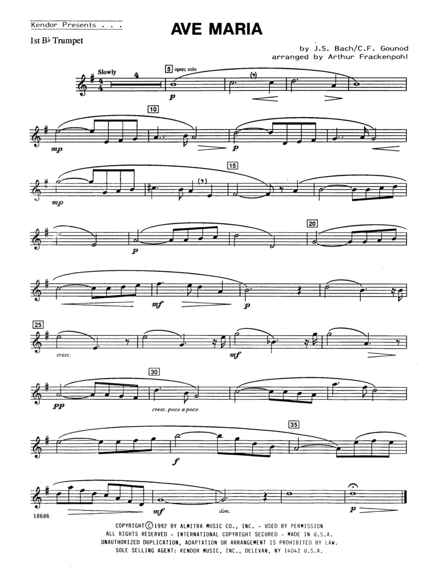Ave Maria (arr. Arthur Frackenpohl) - 1st Bb Trumpet B-Flat Trumpet scores gallery preview page 1