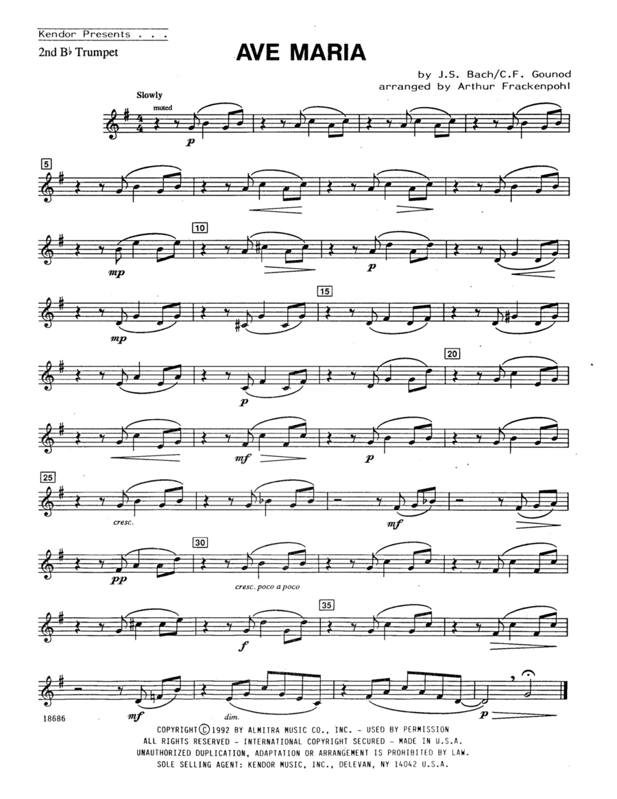 Ave Maria (arr. Arthur Frackenpohl) - 2nd Bb Trumpet B-Flat Trumpet scores gallery preview page 1
