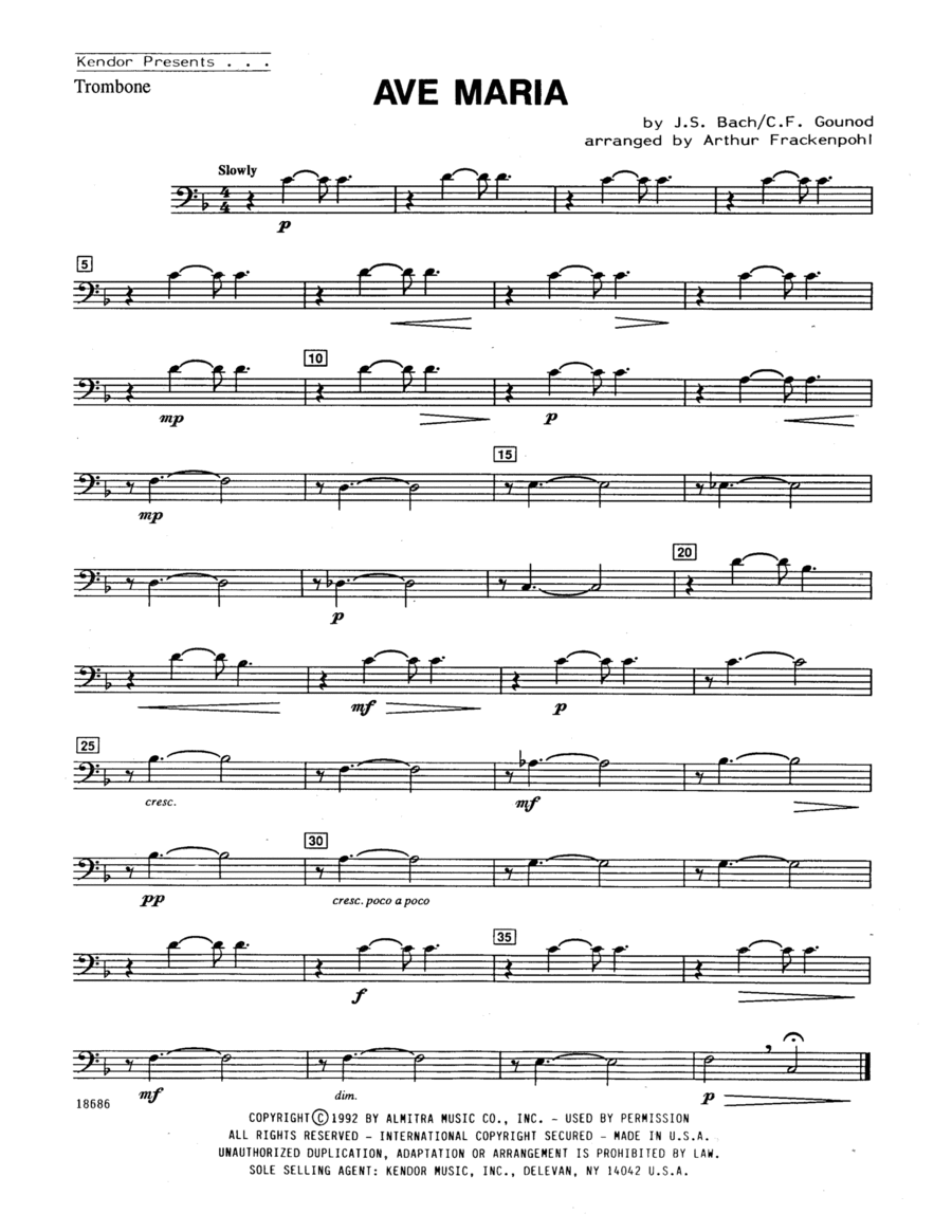 Ave Maria (arr. Arthur Frackenpohl) - Trombone Trombone scores gallery preview page 1