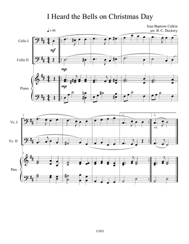 I Heard the Bells on Christmas Day (Cello Duet) with optional piano accompaniment