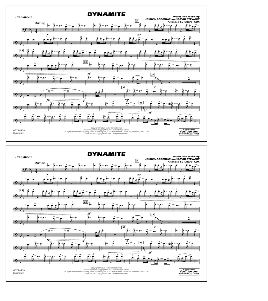 Dynamite (arr. Ishbah Cox) - 1st Trombone Marching Band scores gallery preview page 1