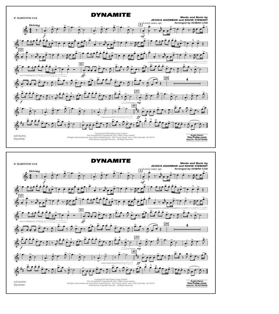 Dynamite (arr. Ishbah Cox) - Eb Baritone Sax Marching Band scores gallery preview page 1