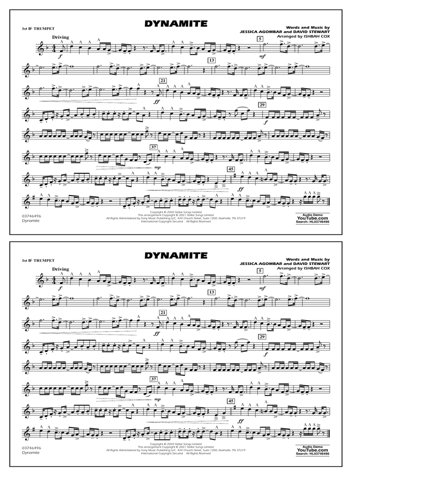 Dynamite (arr. Ishbah Cox) - 1st Bb Trumpet Marching Band scores gallery preview page 1
