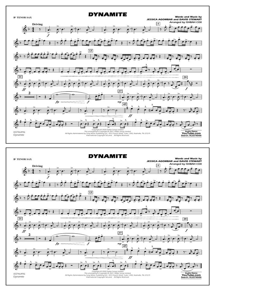 Dynamite (arr. Ishbah Cox) - Bb Tenor Sax Marching Band scores gallery preview page 1