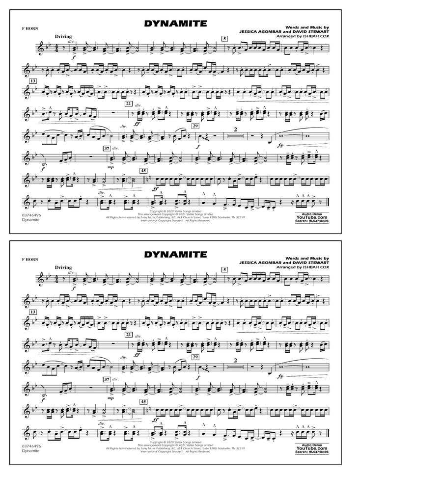 Dynamite (arr. Ishbah Cox) - F Horn Marching Band scores gallery preview page 1