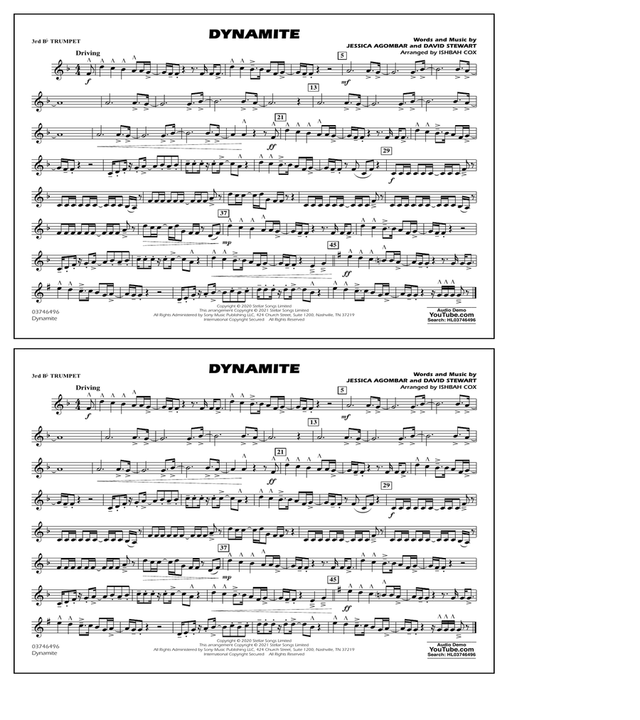 Dynamite (arr. Ishbah Cox) - 3rd Bb Trumpet Marching Band scores gallery preview page 1