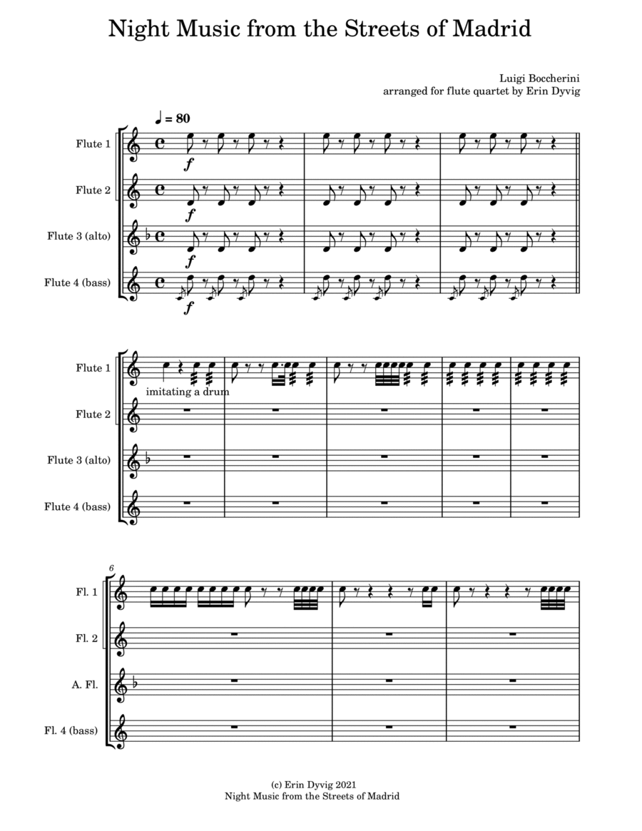 Musica notturna delle strade di Madrid (Night Music of the Streets of Madrid) for flute quartet Flute Quartet scores gallery preview page 1