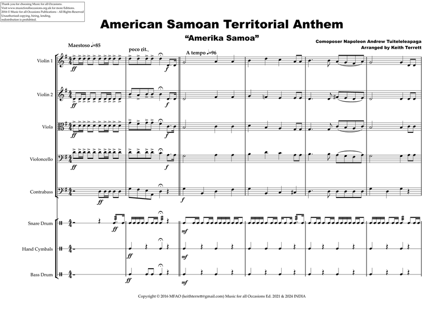 American Samoan Territorial Anthem for String Orchestra & Percussion String Orchestra scores gallery preview page 2