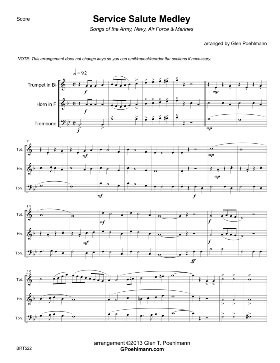 SERVICE SALUTE (theme music from the Army, Navy, Air Force & Marines) - BRASS TRIO (unaccompanied A Cappella scores gallery preview page 1