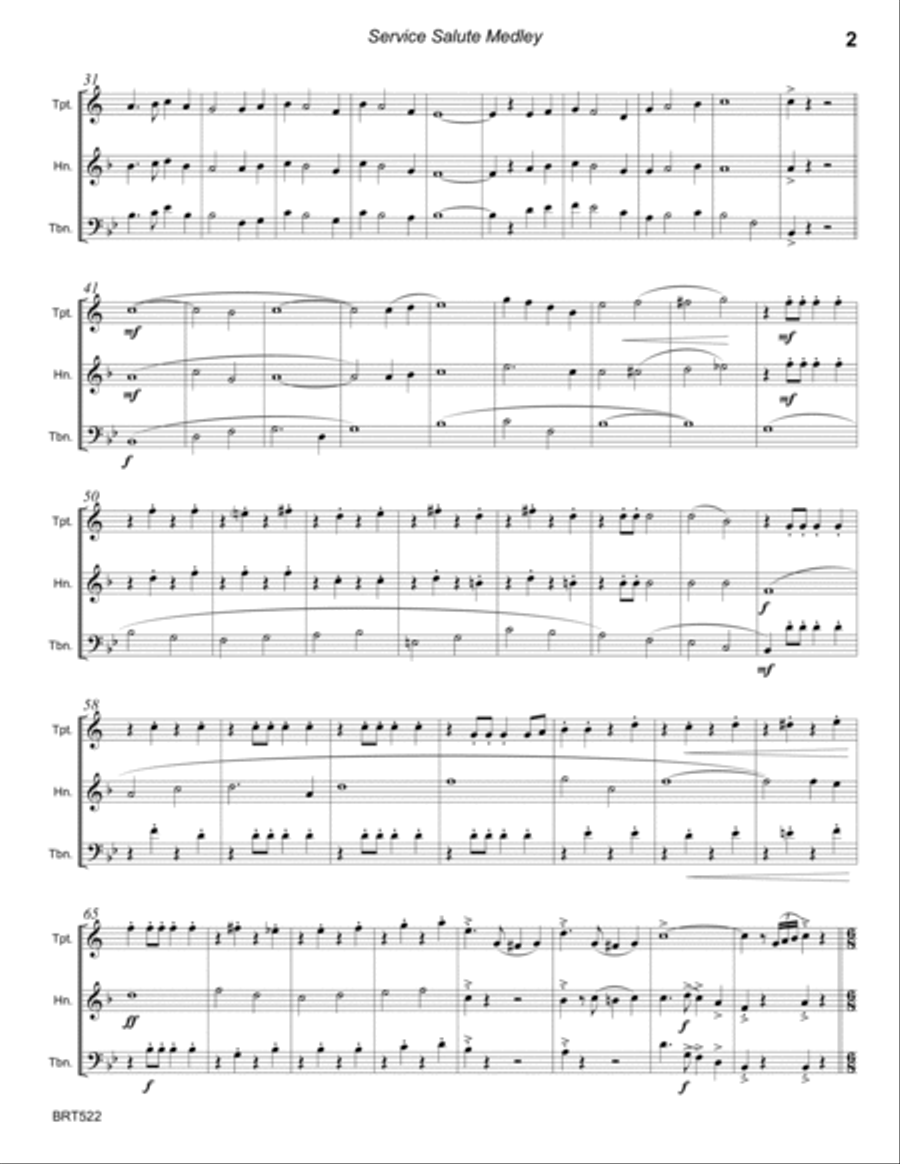 SERVICE SALUTE (theme music from the Army, Navy, Air Force & Marines) - BRASS TRIO (unaccompanied A Cappella scores gallery preview page 2