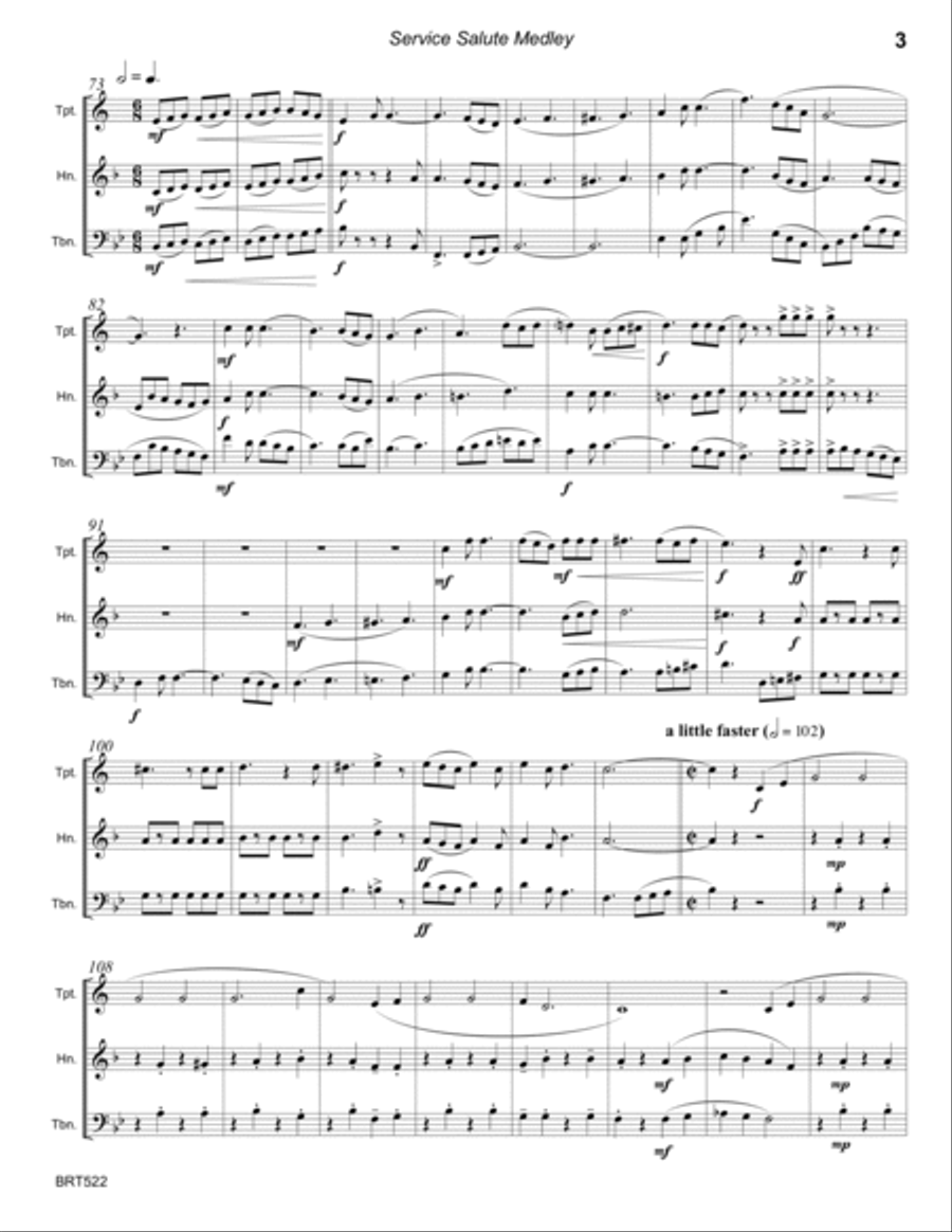 SERVICE SALUTE (theme music from the Army, Navy, Air Force & Marines) - BRASS TRIO (unaccompanied A Cappella scores gallery preview page 3