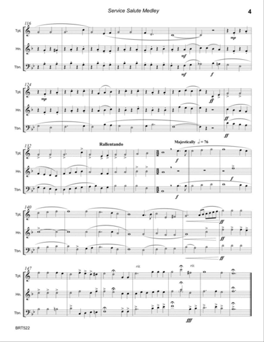 SERVICE SALUTE (theme music from the Army, Navy, Air Force & Marines) - BRASS TRIO (unaccompanied A Cappella scores gallery preview page 4