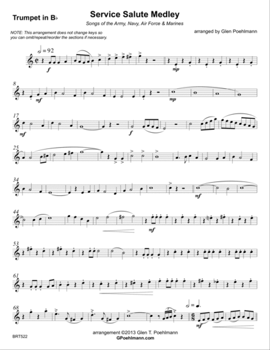 SERVICE SALUTE (theme music from the Army, Navy, Air Force & Marines) - BRASS TRIO (unaccompanied A Cappella scores gallery preview page 5