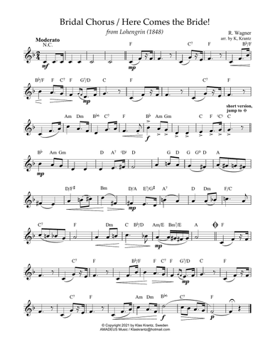 Bridal Chorus / Here Comes the Bride! lead sheet with guitar chords (F Major)