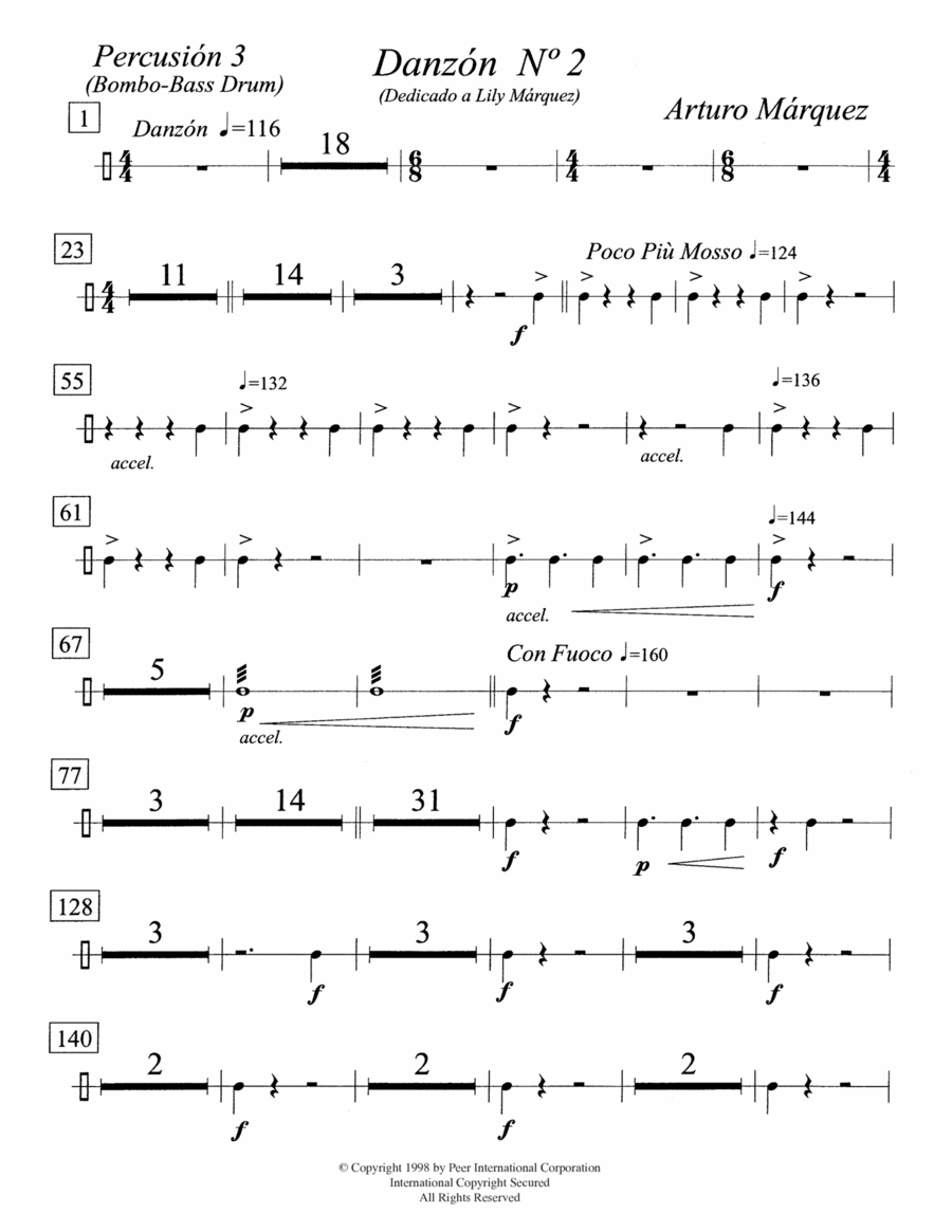 Danzón No. 2 for 2 Pianos (Optional Percussion) - Percussion Parts - Percussion 3 Percussion Ensemble scores gallery preview page 1