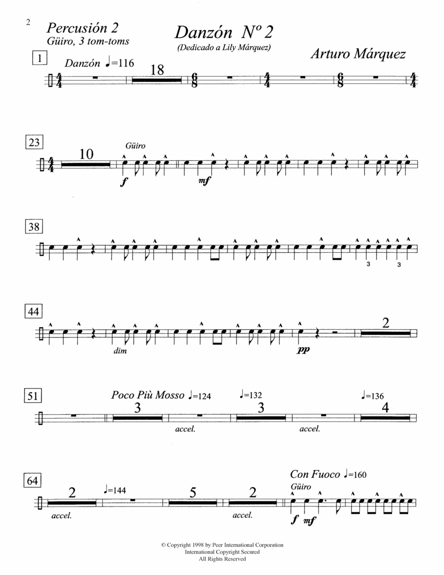 Danzón No. 2 for 2 Pianos (Optional Percussion) - Percussion Parts - Percussion 2 Percussion Ensemble scores gallery preview page 1
