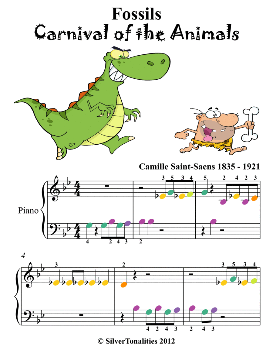 Fossils Carnival of the Animals Beginner Piano Sheet Music with Colored Notes Easy Piano scores gallery preview page 1