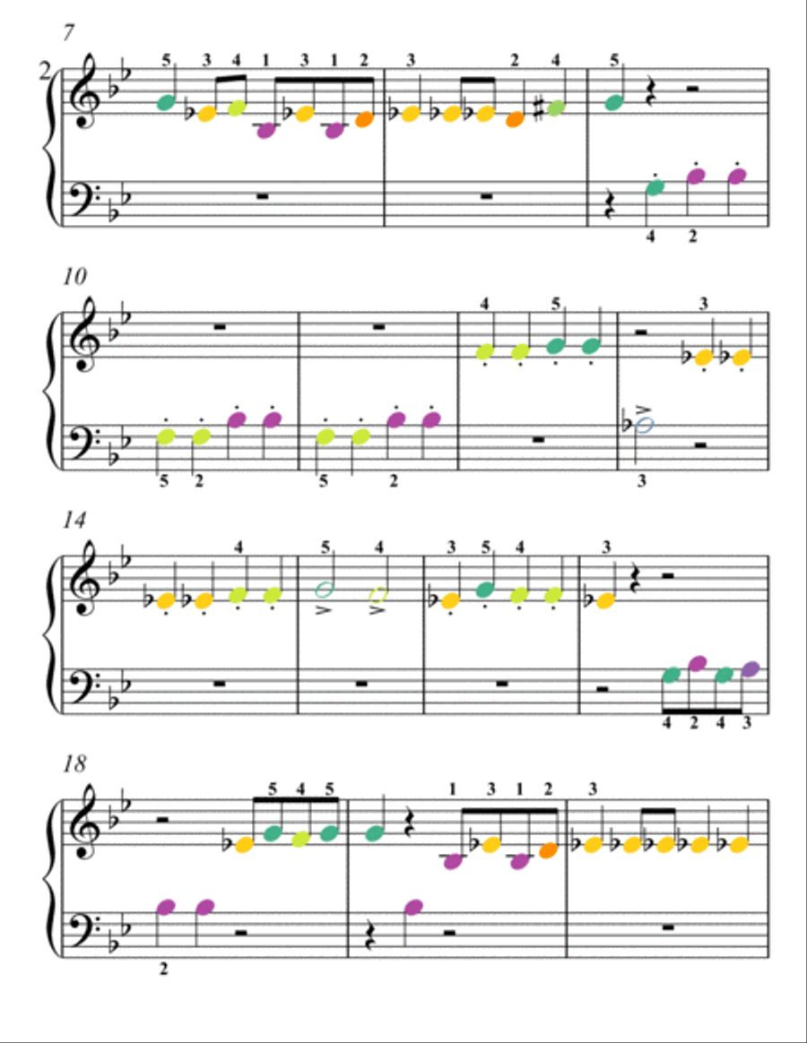 Fossils Carnival of the Animals Beginner Piano Sheet Music with Colored Notes Easy Piano scores gallery preview page 2