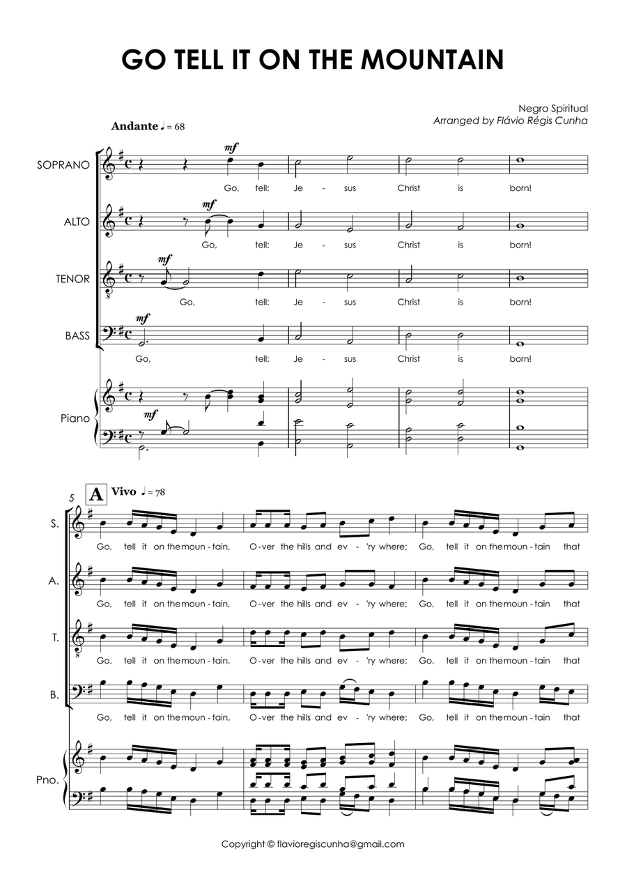 Spiritual: Go tell it on the Mountain for SATB a cappella (with piano for Rehearsal) 4-Part scores gallery preview page 3