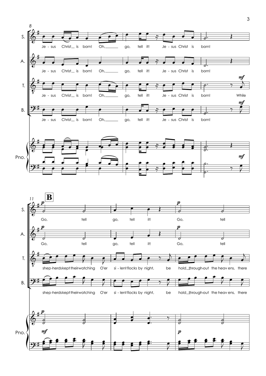 Spiritual: Go tell it on the Mountain for SATB a cappella (with piano for Rehearsal) 4-Part scores gallery preview page 4