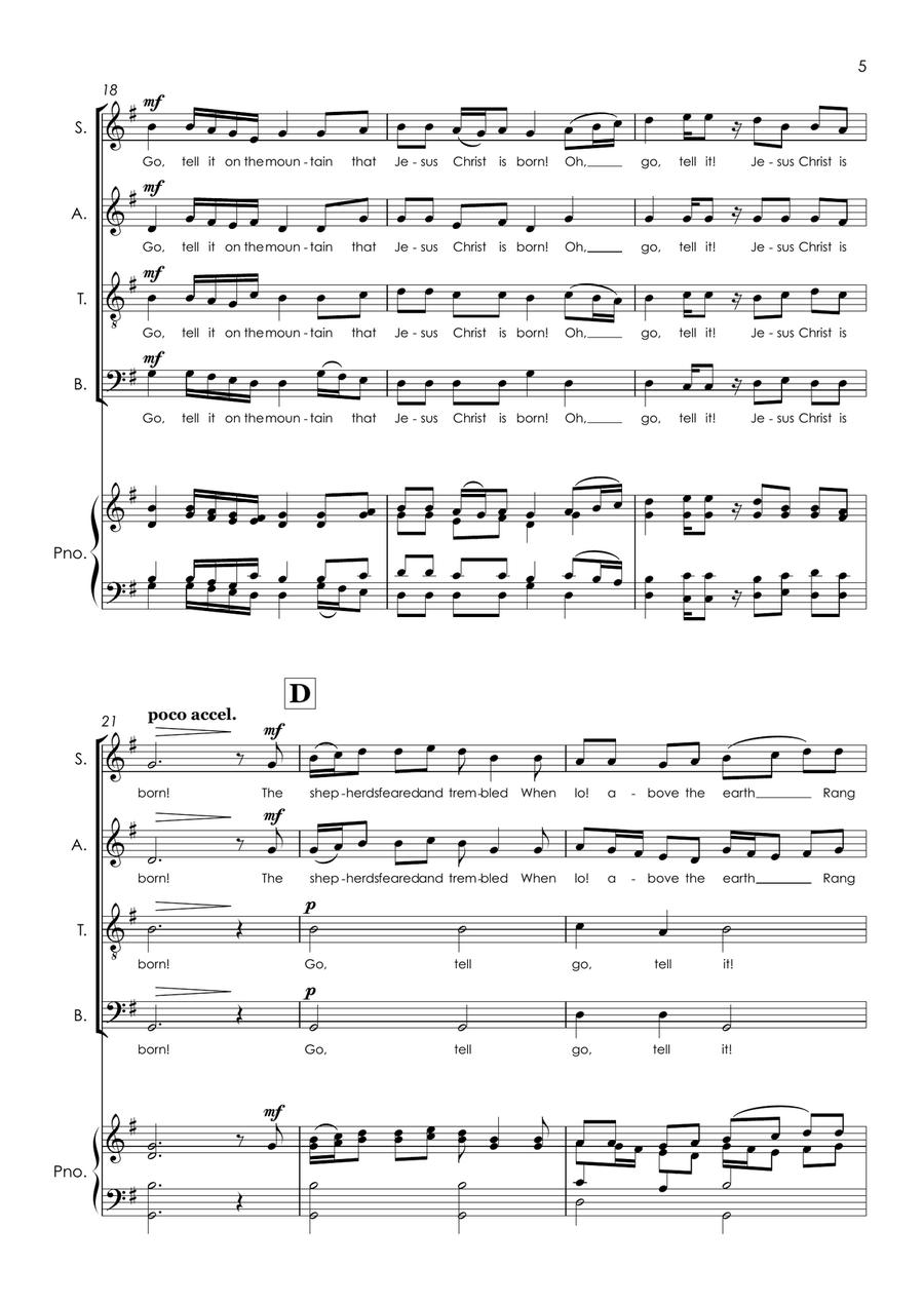 Spiritual: Go tell it on the Mountain for SATB a cappella (with piano for Rehearsal) 4-Part scores gallery preview page 6
