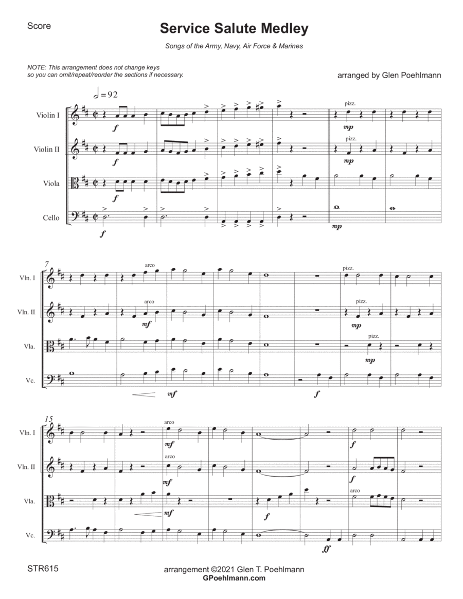 SERVICE SALUTE (theme music from the Army, Navy, Air Force & Marines) - STRING QUARTET Cello scores gallery preview page 1