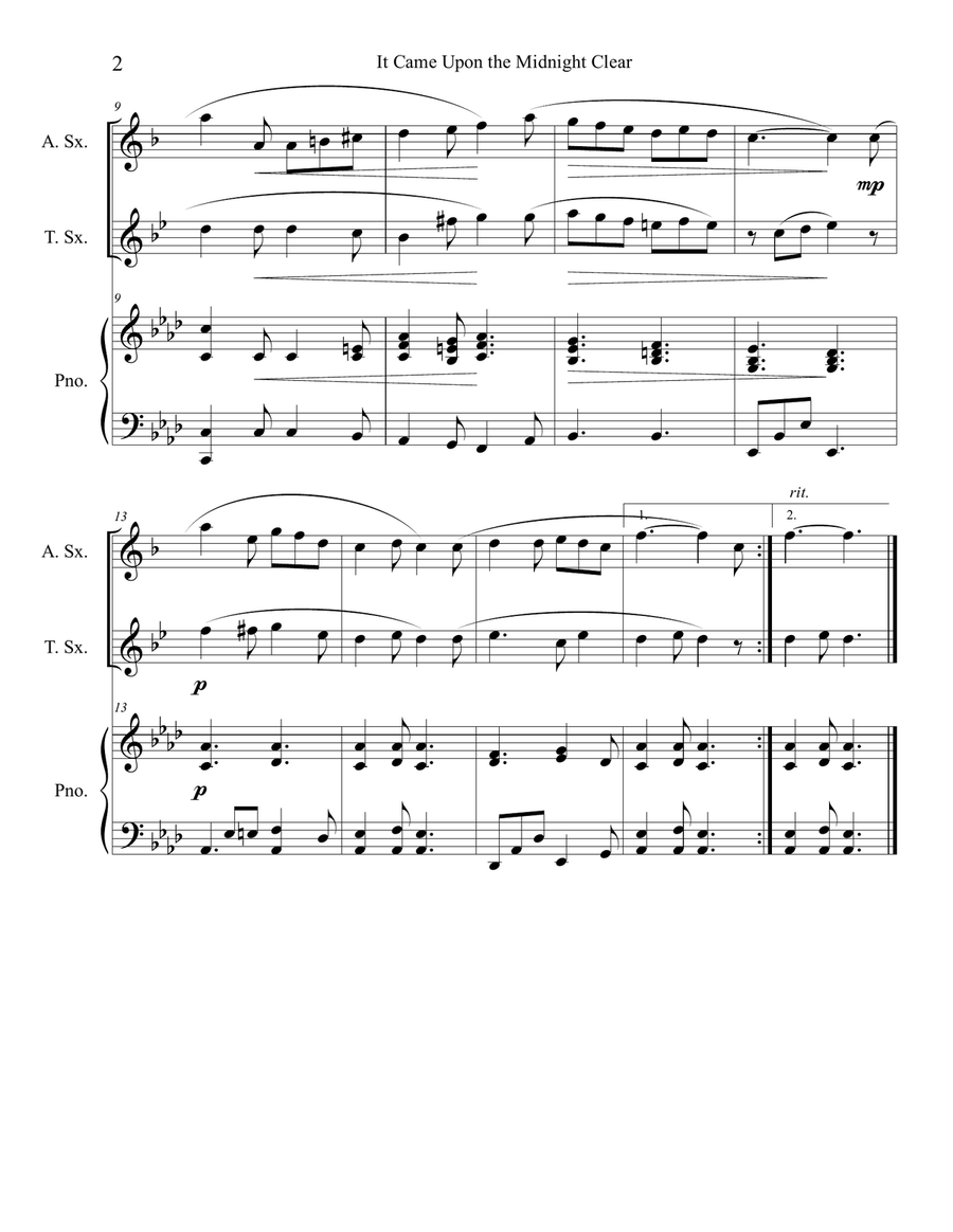 It Came Upon the Midnight Clear (Alto and Tenor Sax Duet with Piano Accompaniment) Woodwind Duet scores gallery preview page 2