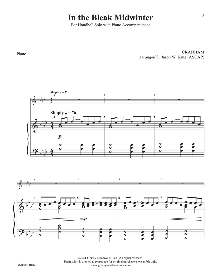 In the Bleak Midwinter (for handbell solo with piano accompaniment) Handbell Choir scores gallery preview page 3