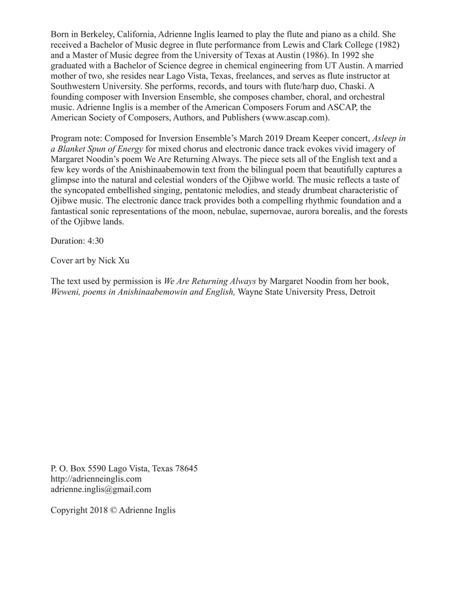 Asleep in a Blanket Spun of Energy for SATB+electronic track, in English and Ojibwe 4-Part scores gallery preview page 2