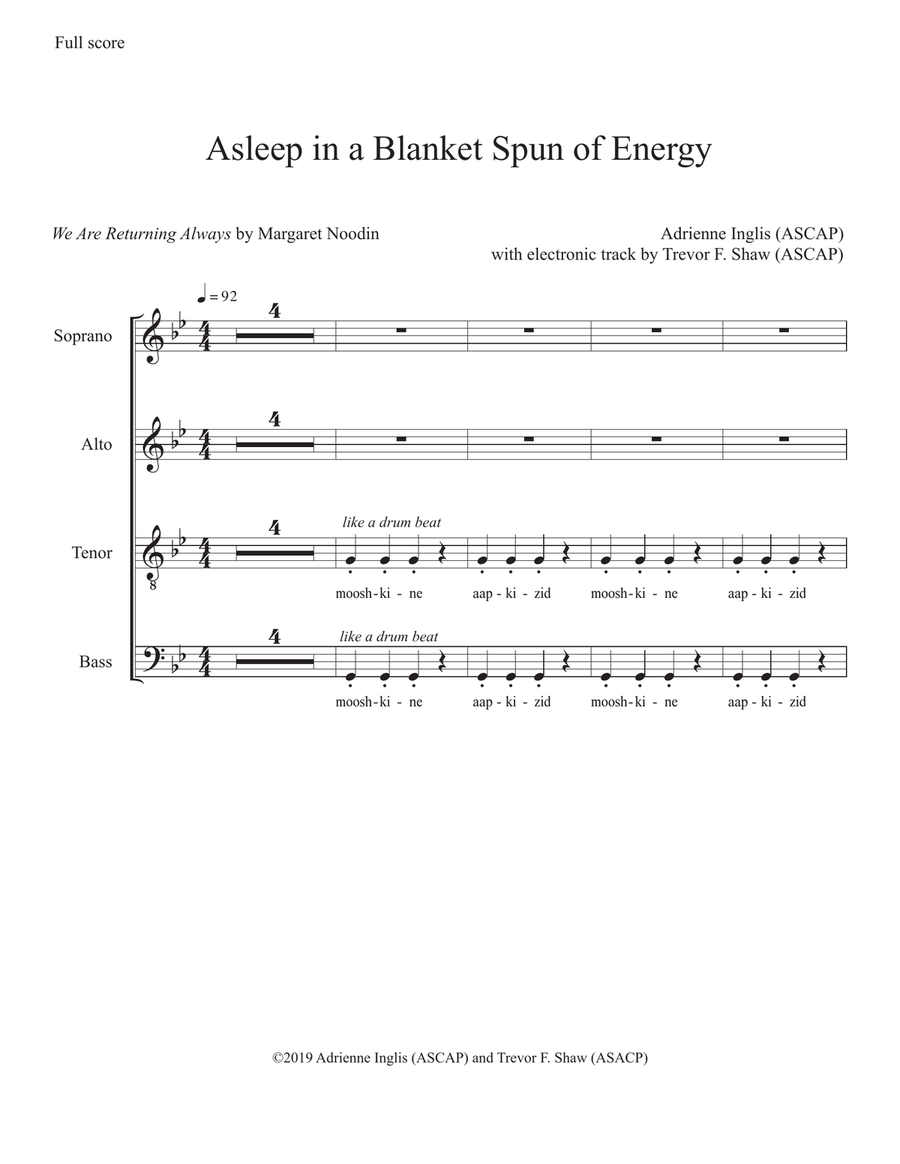 Asleep in a Blanket Spun of Energy for SATB+electronic track, in English and Ojibwe 4-Part scores gallery preview page 4