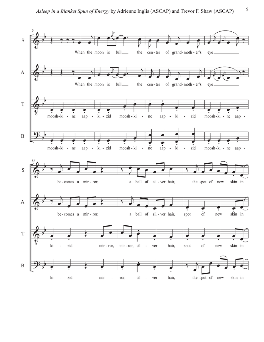 Asleep in a Blanket Spun of Energy for SATB+electronic track, in English and Ojibwe 4-Part scores gallery preview page 5