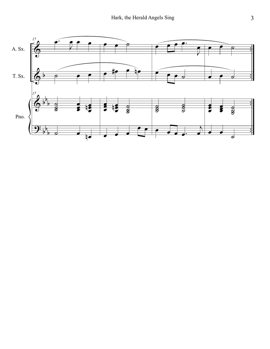 Hark, the Herald Angels Sing (Alto and Tenor Sax Duet with Piano Accompaniment) Woodwind Duet scores gallery preview page 3
