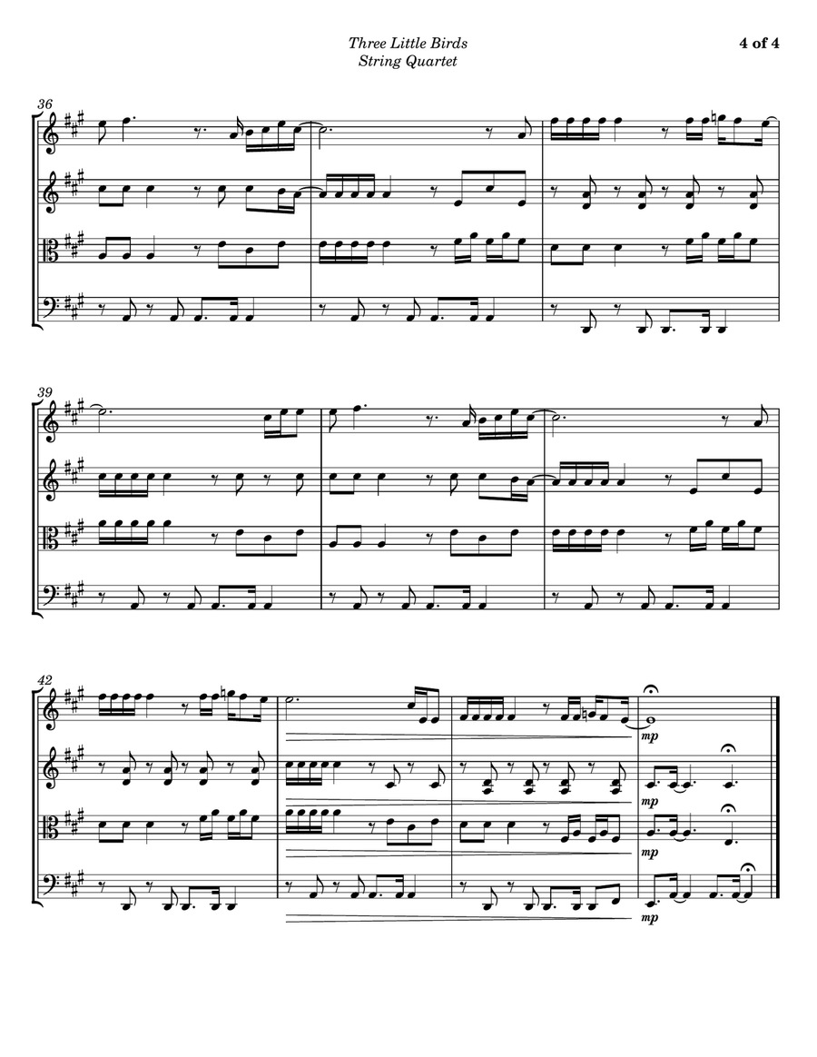 Three Little Birds String Quartet scores gallery preview page 4